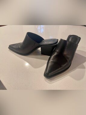 Mango Black Pointed-Toe Leather Mule Heels